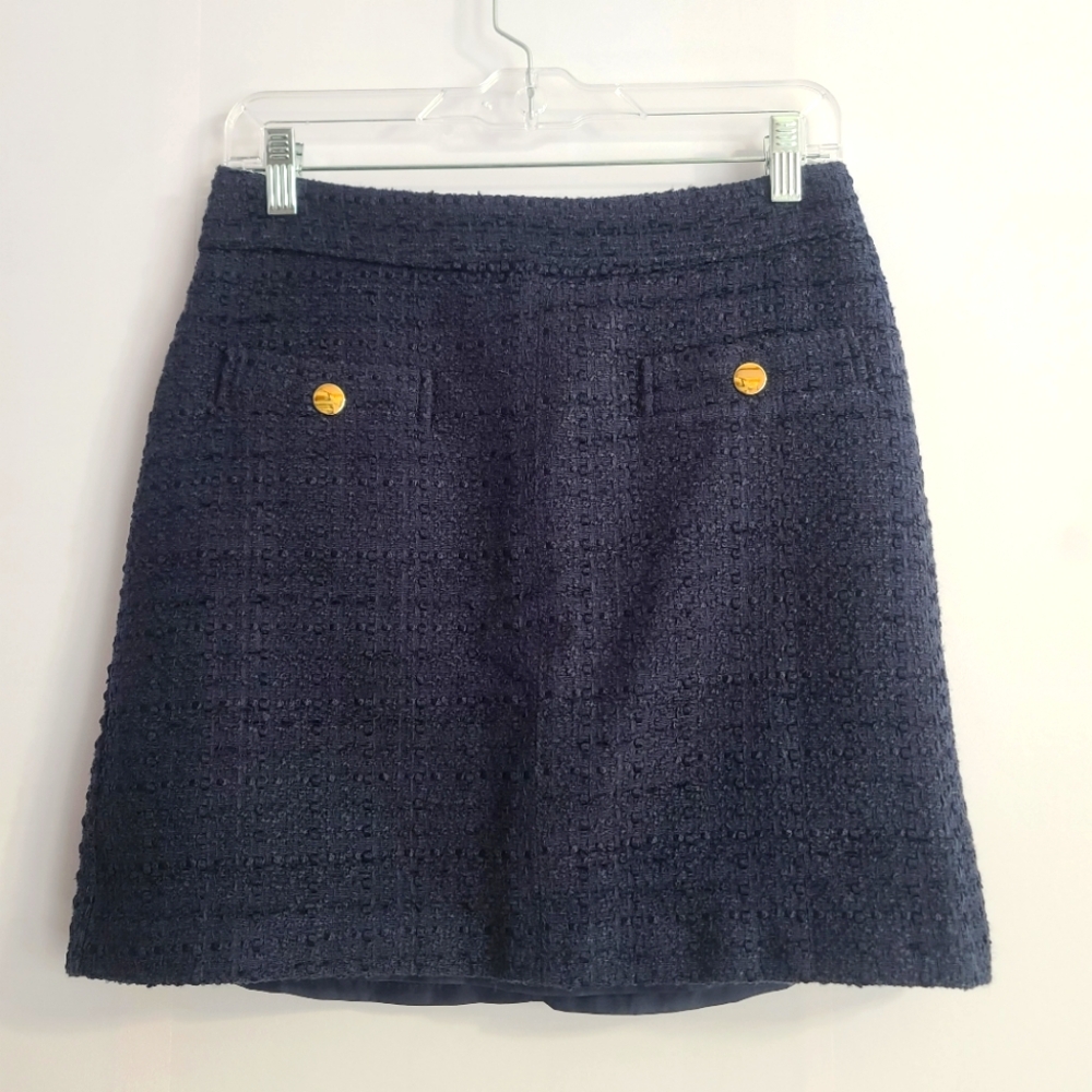 LOFT Navy Blue Mini Skirt Woven Texture with Gold Button Pocket Detail Size 2